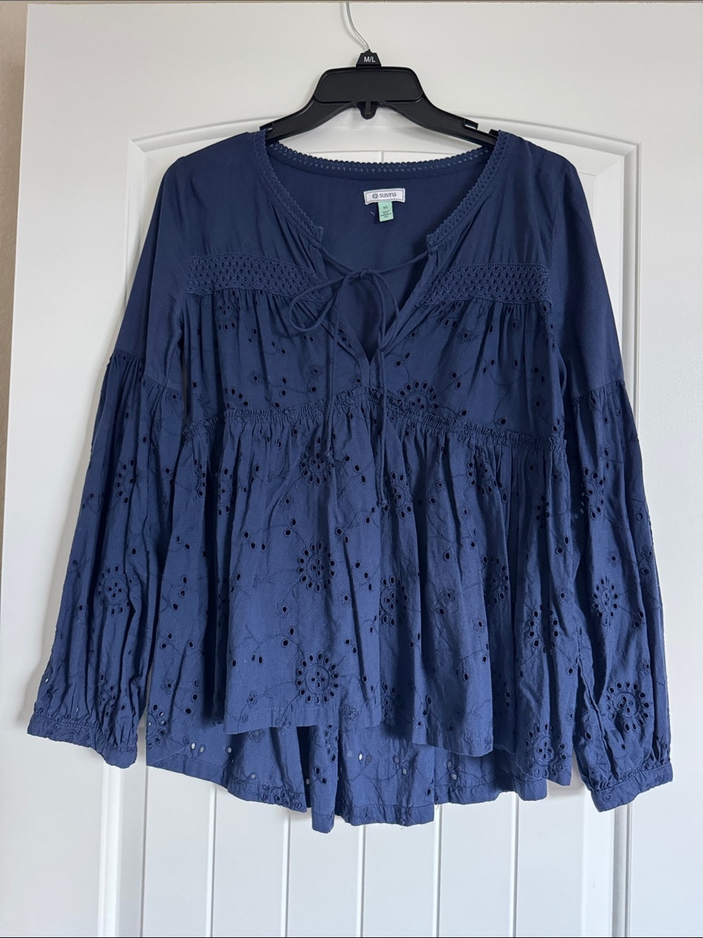 Susina Navy Eyelet Peasant Blouse